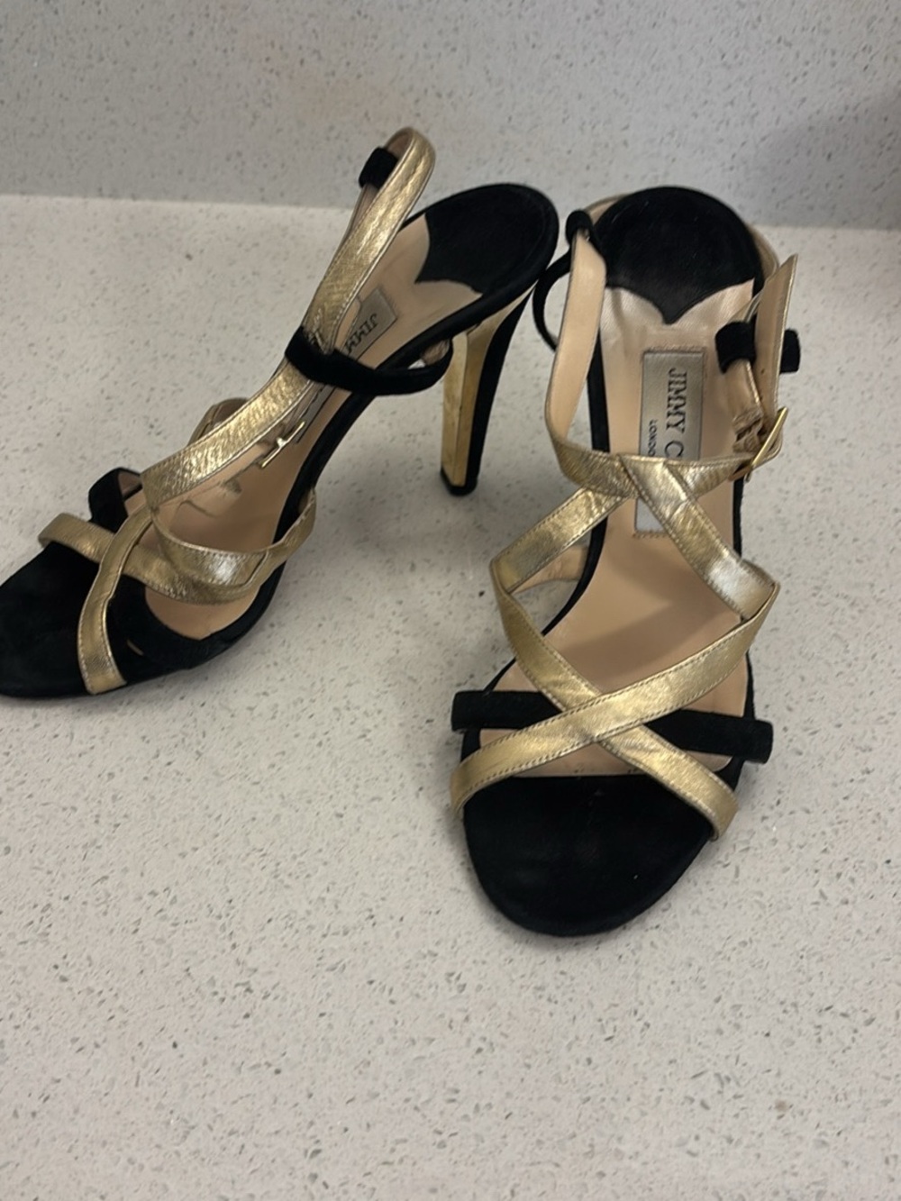 Jimmy Choo Black and Gold Strappy Stiletto Sandals